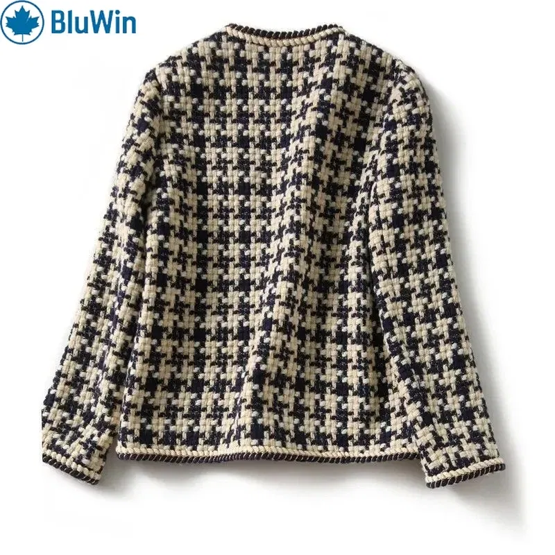 Color: black, Size: L - URBANCHIC Classic Checkered Tweed Jacket ?“ Elegant Contrast Trim for a Timeless, Chic Look