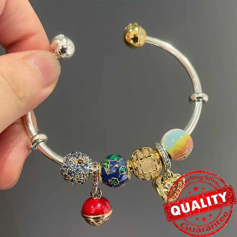 Gem Color: Green, Metal Color: Rhodium Plated - Luxury 925 Sterling Silver Sun & Moon Open Bangle Women Cuff Bracelet For Gold DIY Charm Jewelry Set Accessories Gift Making