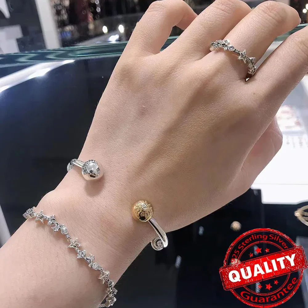 Gem Color: Green, Metal Color: Rhodium Plated - Luxury 925 Sterling Silver Sun & Moon Open Bangle Women Cuff Bracelet For Gold DIY Charm Jewelry Set Accessories Gift Making