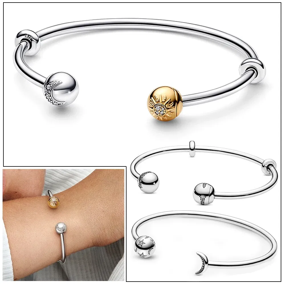 Gem Color: Green, Metal Color: Rhodium Plated - Luxury 925 Sterling Silver Sun & Moon Open Bangle Women Cuff Bracelet For Gold DIY Charm Jewelry Set Accessories Gift Making