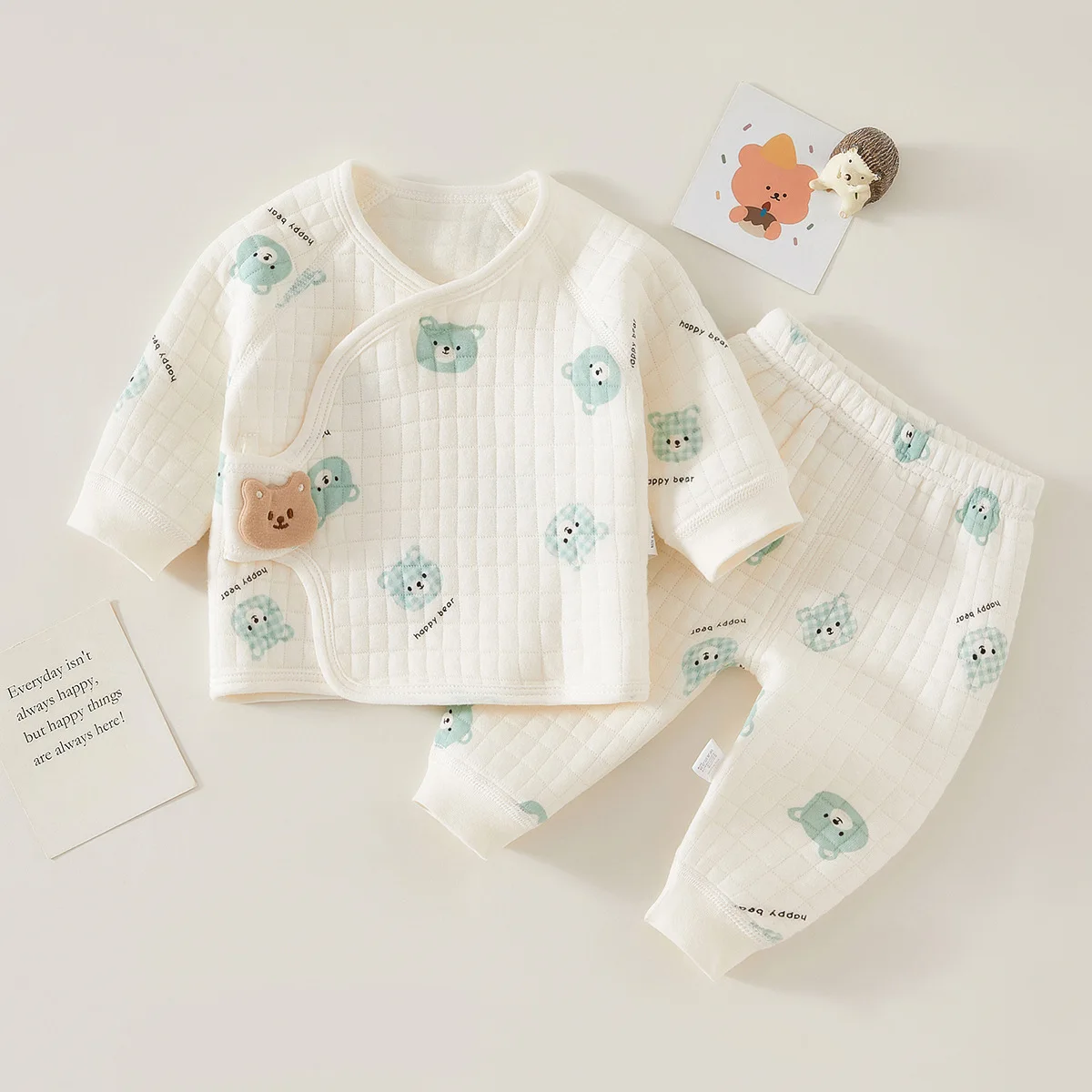 Color: AQUA, Kid Size: 3M - Autumn Winter Thermal Underwear Suit Baby Clothing Sets Boys Girls Pajama Sets Baby Warm Sleepwear Cartoon bear Kids Clothes