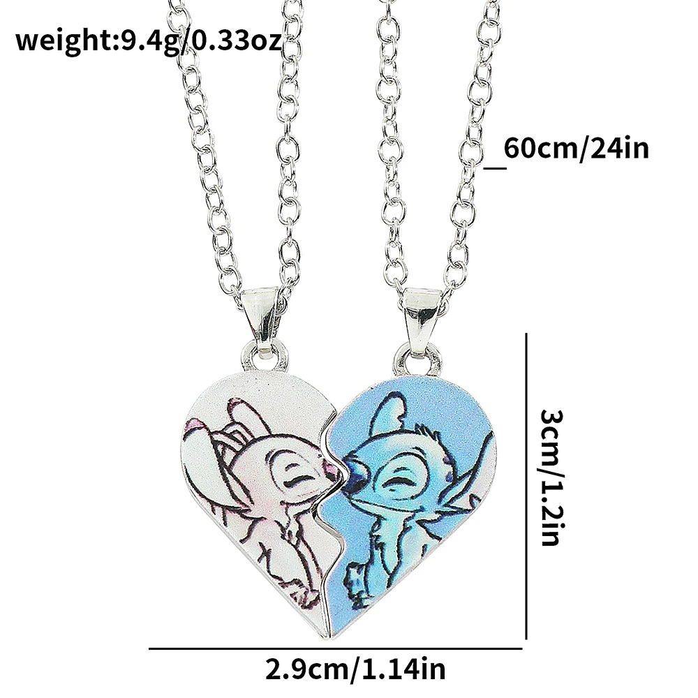 Metal Color: Rust Red - Disney-Stitch Heart Necklace for Couple, Gold and Silver Color, Angel and Stitch, Cute Style , Jewelry Pendant, Gift for Girl, 1