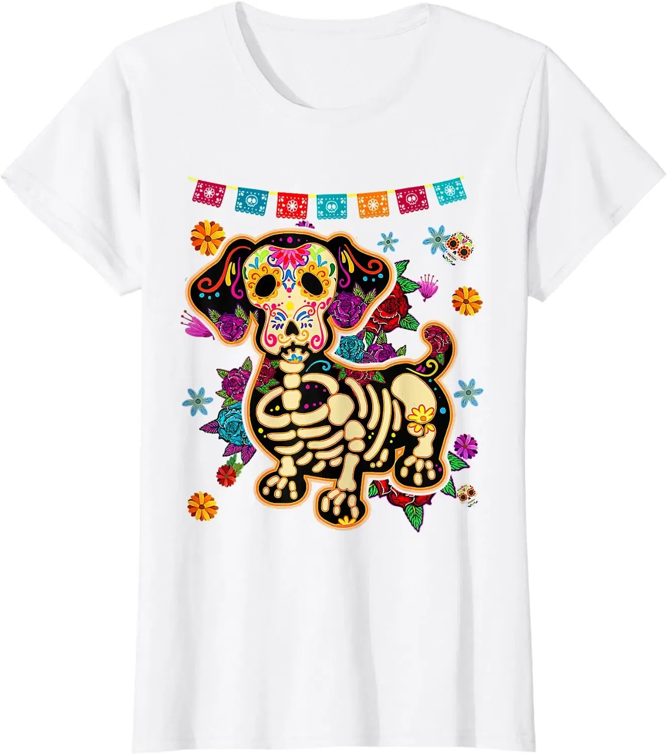 Color: WHITE, Size: M - Sugar Skull Mexican Dachshund Bone Halloween Day of Dead T-Shirt Casual Cotton Four Seasons Graphic T Shirts Funny T Shirts