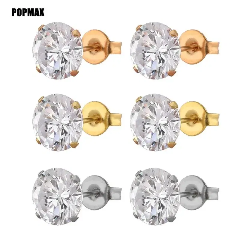 Metal Color: SILVER PLATED, Main Stone Color: GRAY - POPMAX 1Pairs/2Pcs Stainless Steel Crystal Studs Earrings For Women Men 4 Prong Tragus Round Clear Cubic Zirconia Ear Jewelry