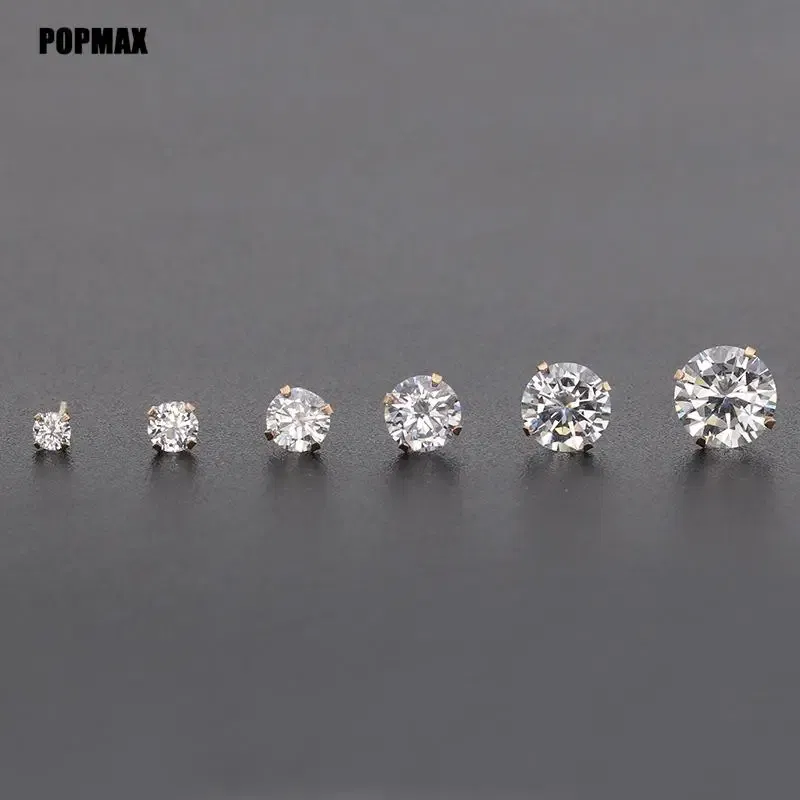 Metal Color: SILVER PLATED, Main Stone Color: GRAY - POPMAX 1Pairs/2Pcs Stainless Steel Crystal Studs Earrings For Women Men 4 Prong Tragus Round Clear Cubic Zirconia Ear Jewelry