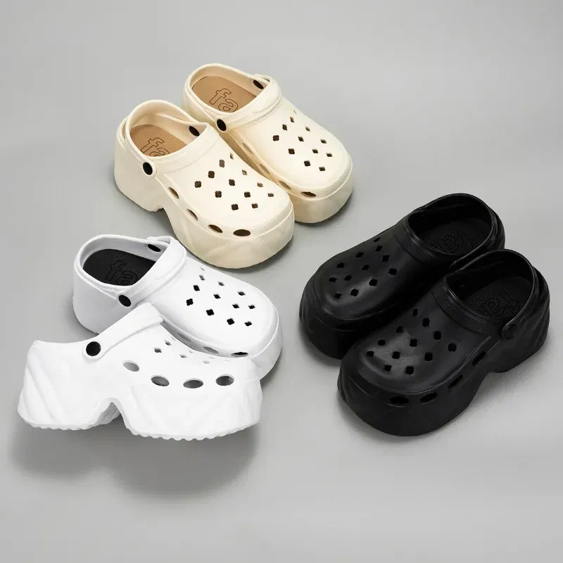 Color: Beige, Shoe Size: 4 - New summer outside wear thick bottom 9cm height increase EVA Baotou soft bottom non-slip women's breathable slippers cave shoes