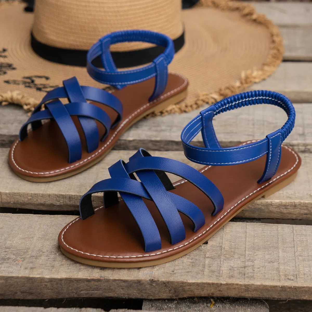 Color: Brown, Shoe Size: 38 - Shoes for Women 2024 Summer New Women Flat Sandals Bottom Roman Strap Sandals with Non Slip Rubber Soles Ladies Daily Sandalia