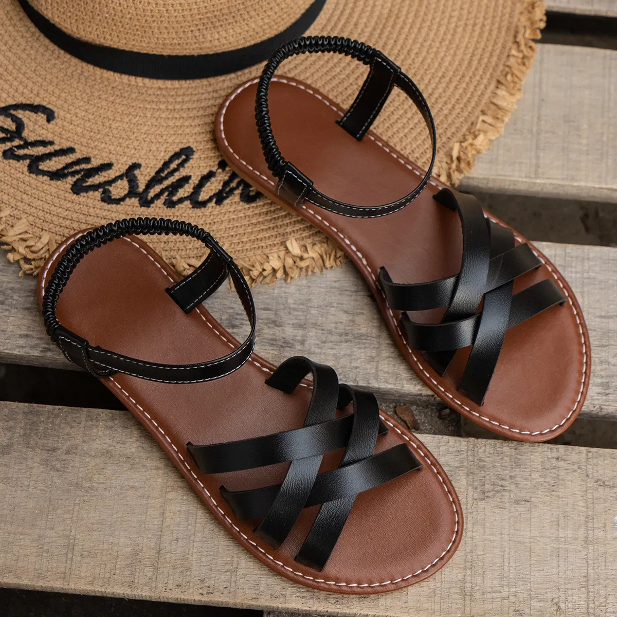 Color: Brown, Shoe Size: 38 - Shoes for Women 2024 Summer New Women Flat Sandals Bottom Roman Strap Sandals with Non Slip Rubber Soles Ladies Daily Sandalia