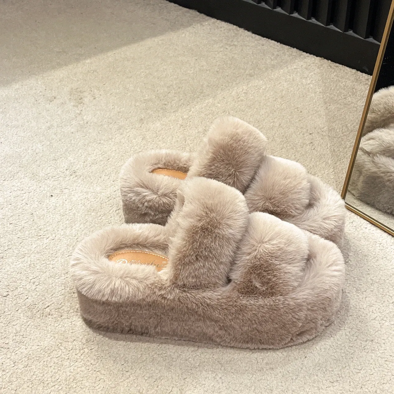 Color: light yellow, Shoe Size: 40 - New Winter Open Toe Slipper Fur Thick Sole Flats Heel Ladies Casual Slip On Bedroom Shoes Soft Outdoor Fashion Fur Slippers