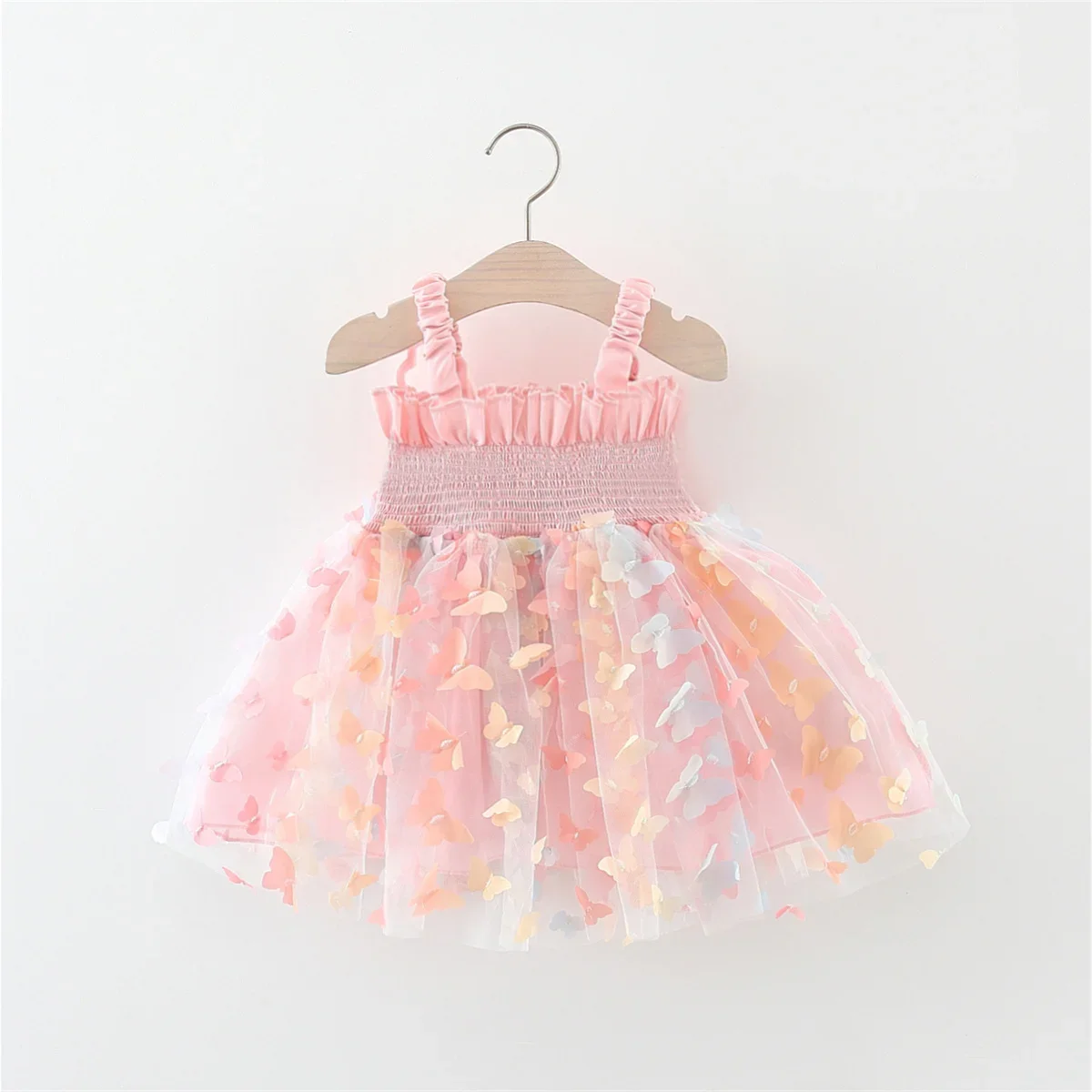 Color: Pink, Kid Size: 6M - New Summer Baby Girl Dress Halter Butterfly Back Wings Fantasy Princess Dress Sweet Birthday Party Team Dress