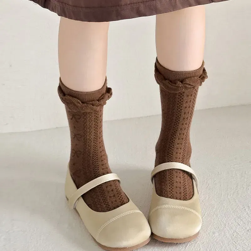 Color: Beige, Size: 2-3T - Girls Ruffle Socks Baby Mid Calf Socks Autumn Children's Socks Retro Maillard Style Cotton Socks