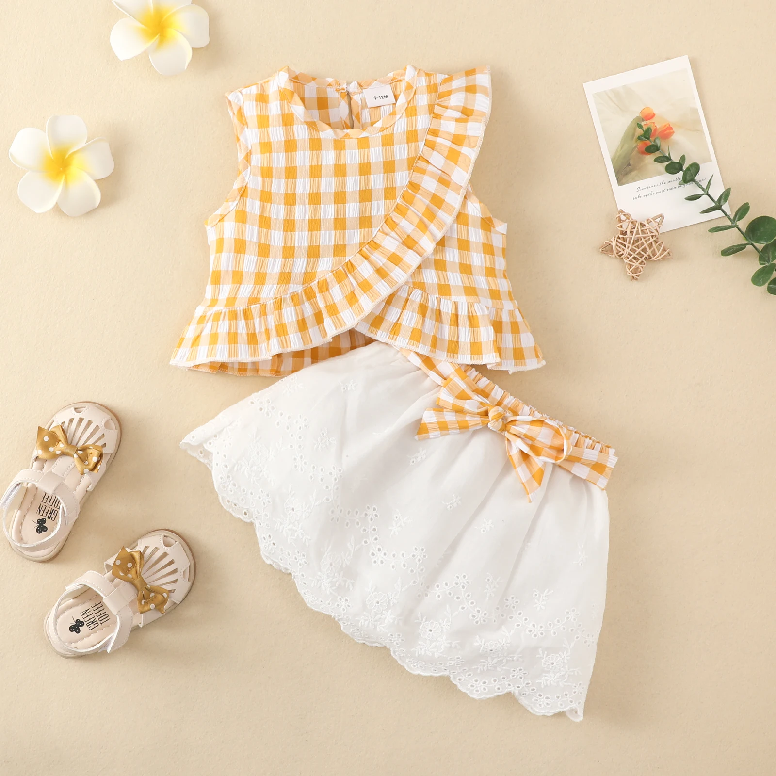Kid Size: newborn, Color: Red - Charming Girls' Summer Ensemble: Sleeveless Plaid Ruffle Top & Lace Hem Skirt - Comfy, Durable & Stylish