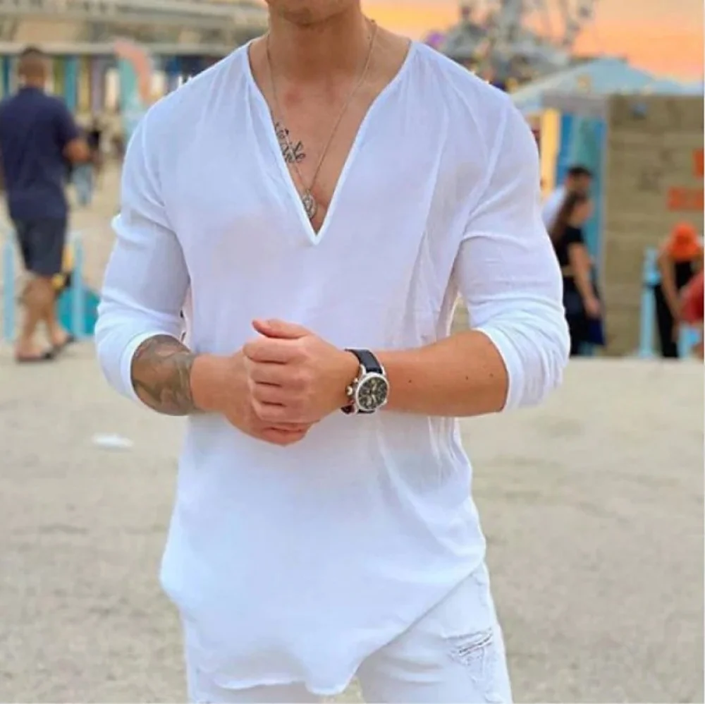 Color: Beige, Size: S, Ships From: CHINA - New men's Casual Shirt Trend Fashion V-Neck Loose Street Style Solid Color Long-Sleeved Pullover Spring And Autumn Tops