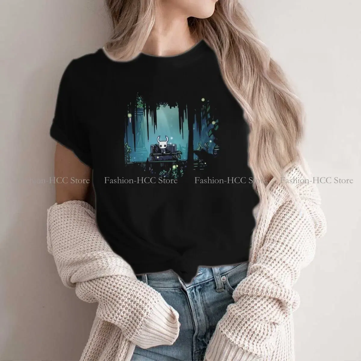 Color: black, Size: XXL - Green Graphic Polyester TShirt Hollow Knight Creative Tops Casual T Shirt Female