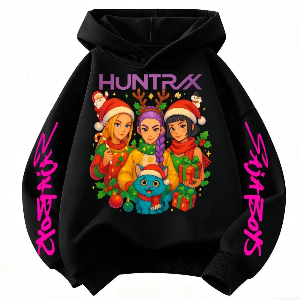 Color: Beige, Kid Size: 3T - KPop Demon Hunters Christmas Hoodie Girls Fashion Casual Sweatshirt Movie Kids K-Pop Demon Hunters Hooded Tops