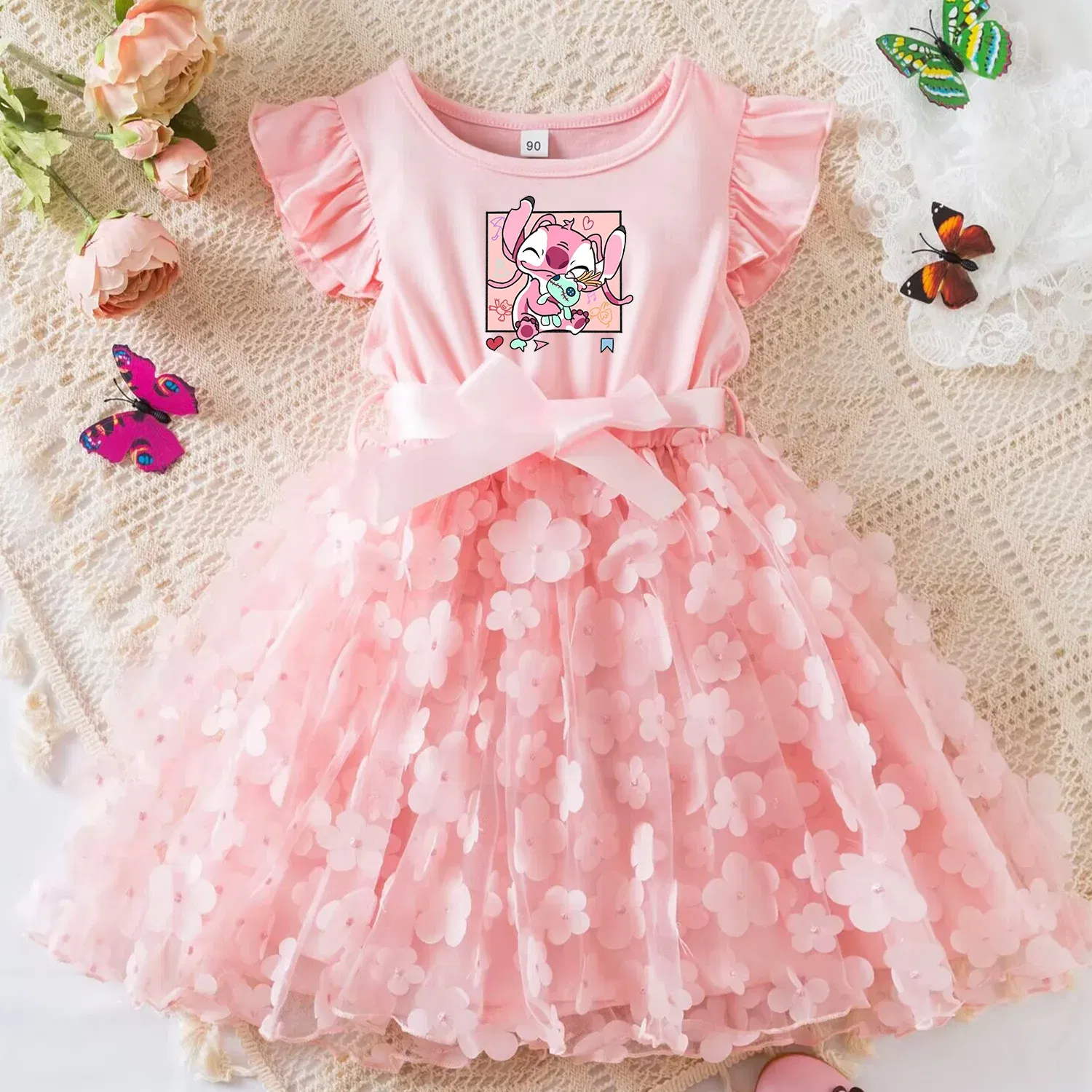 Color: Beige, Size: S - 3D Butterfly Cute Lilo Stitch Summer Dress for Kid's Casual Clothes Baby Girls Beautiful Princess Dress Party Dresses 2-6 Yrs
