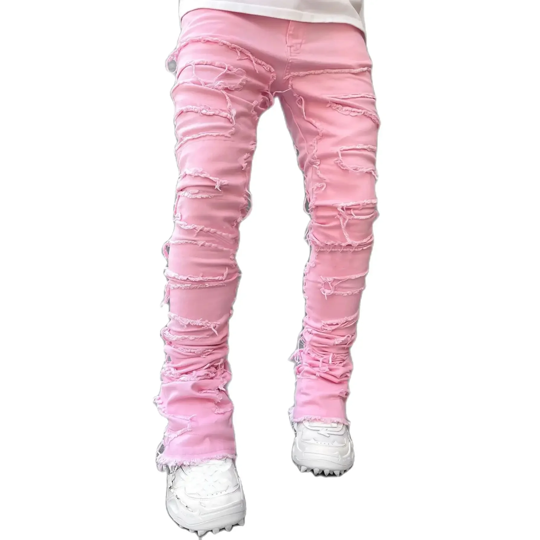 Color: SKY BLUE, Size: XL - Men's Regular Fit Stacked Jeans Ripped Slim Fit Patch Distressed Destroyed Straight Denim Pants Hip Hop Streetwear Trouser Cloth