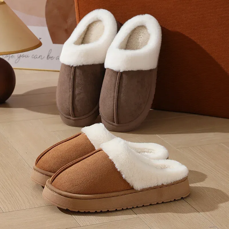 Color: Beige, Shoe Size: 38-39, Ships From: CHINA - Asgard Plush Women Slippers Thick Sole Non-slip Outdoor Fuzzy Slides Winter New Fur Collar Cotton Shoes Winter Warm Home Slipper