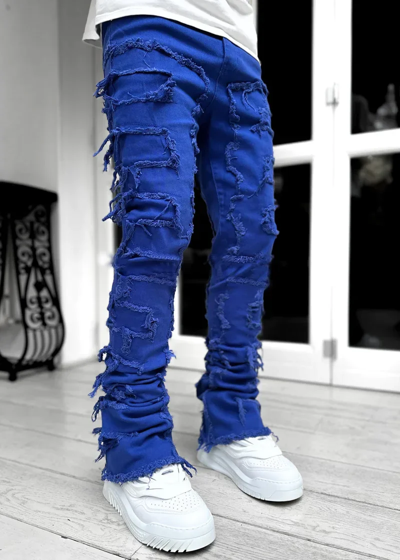 Color: Dark Grey, Size: XXL - Men's Regular Fit Stacked Jeans Ripped Slim Fit Patch Distressed Destroyed Straight Denim Pants Hip Hop Streetwear Trouser Cloth