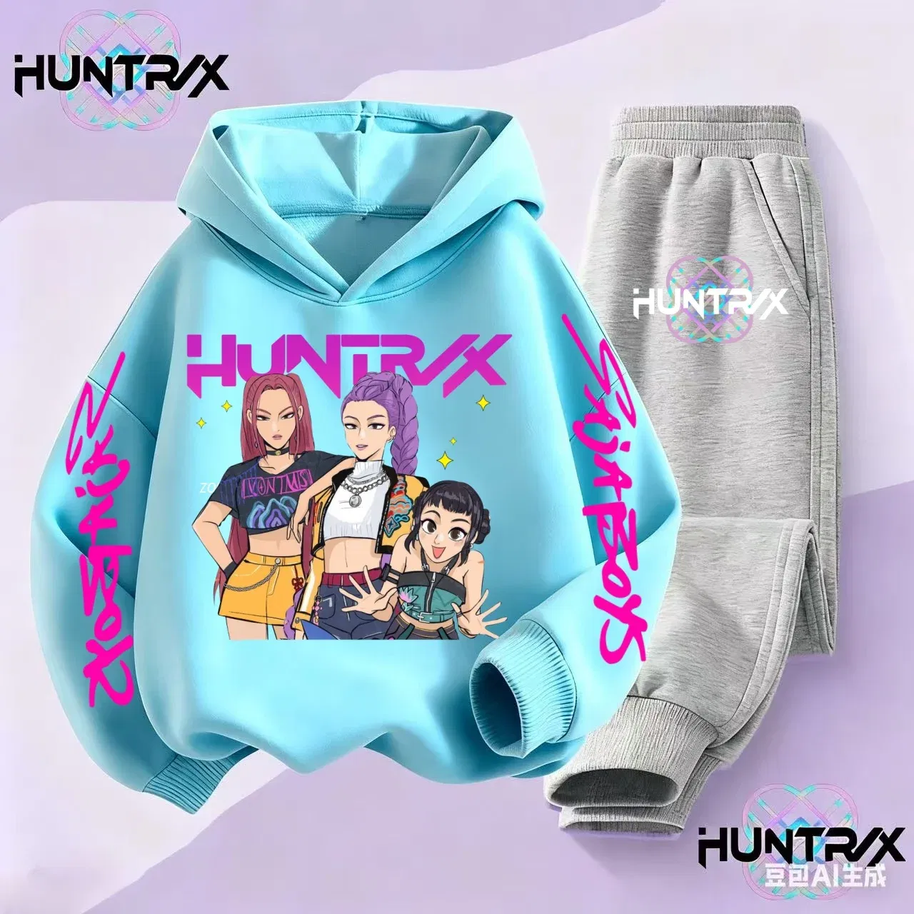 Color: Blue, Kid Size: 5 - 3-14Y Kpop Demon Hunters Hoodie Set Boys Girls Kids Autumn Sportswear Daily Clothes 2025