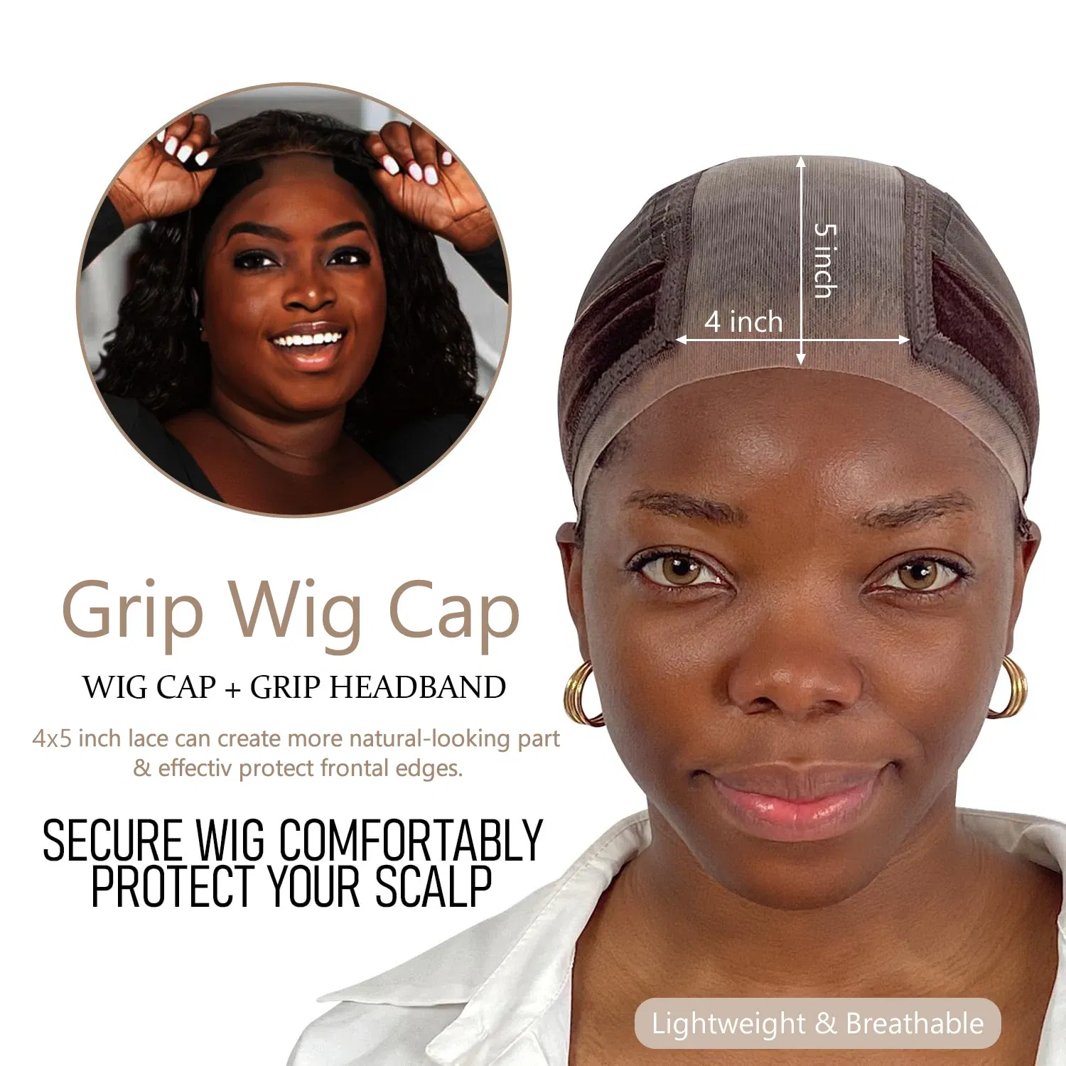 Color: Light Brown - Wig Cap with Grip Band for Keeping Wigs in Place, More Full Cap-wide Transparent Lace for Lace Front Wigs