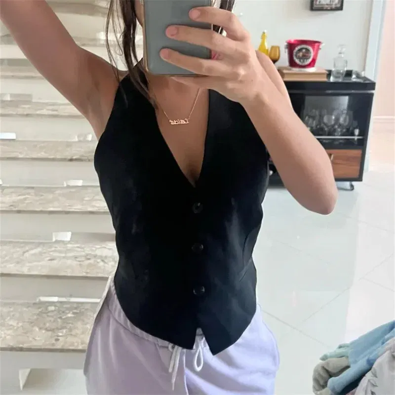 Color: black, Size: XS - MUJER Off Shoulder Sleeveless Vest Women Black White Cropped Vest Woman Fashion Backless V Neck Short Coats Summer Waistcoat