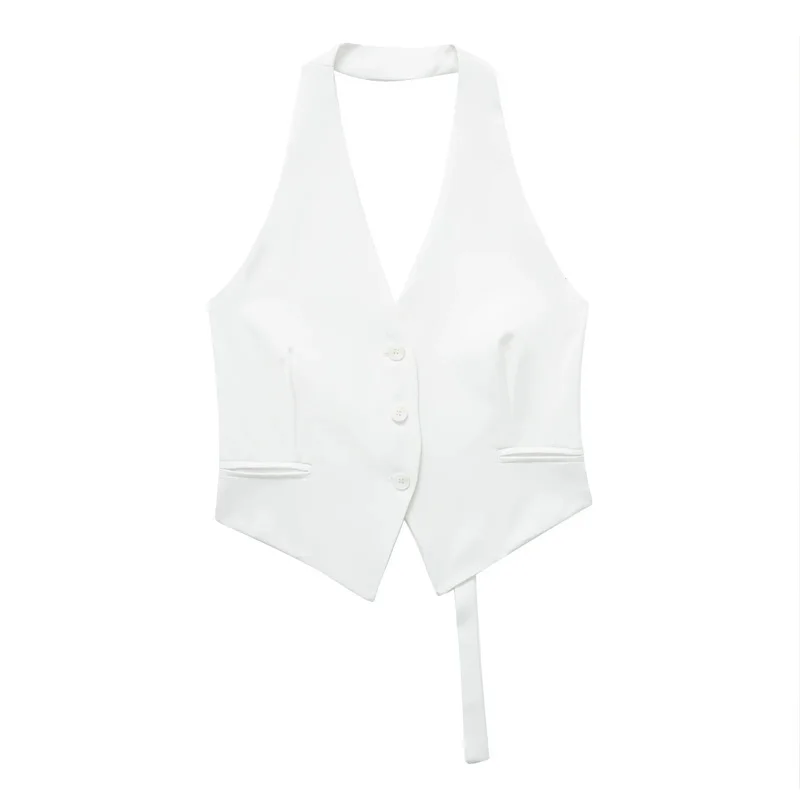 Color: black, Size: XS - MUJER Off Shoulder Sleeveless Vest Women Black White Cropped Vest Woman Fashion Backless V Neck Short Coats Summer Waistcoat