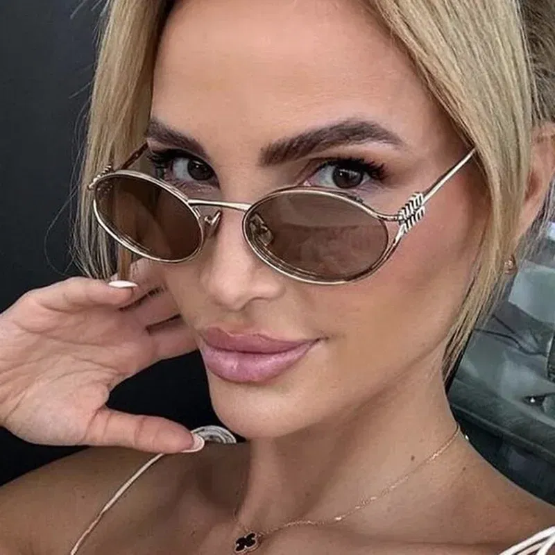 Lenses Color: green - Luxury Brand Designer Oval Sunglasses For Women Sexy Metal Frame Small Round Sun Glasses Ladies Stylish Eyewear Shades UV400