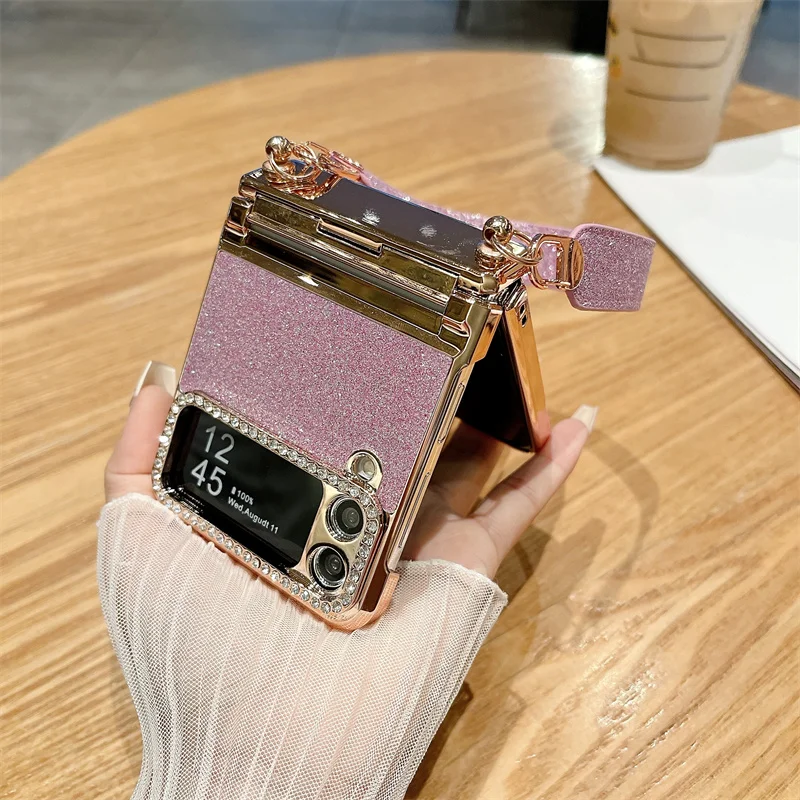 Color: SKY BLUE, Material: ABS - For Samsung Galaxy Z Flip 6 5 4 3 Case 3D Jewelled Diamond Luxury Gradient Bling Glitter Wrist Strap Holder Tote Bags Cover
