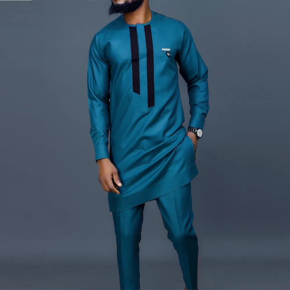 New Kaunda Boutique Men's Set Fashionable Red Luxury Grand Round Neck Embroidery Slim Fit Two Piece Wedding Festival Set
