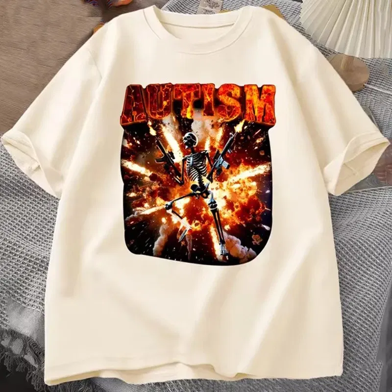 Color: Beige, Size: XXXL - Autistic Funny Skeleton T Shirt Women Men Autism Edgy Skeleton Meme T-shirt Casual Short Sleeve Tshirt Round Neck Clothes