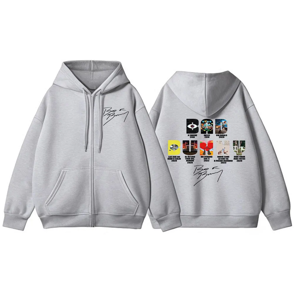 Color: Beige, Size: XL - Rapper Bad Bunny Music Album Cover Print Zipper Hoodies Men Women Clothing Hip Hop Zip Up Sweatshirts Long Sleeve Hoodie Jackets