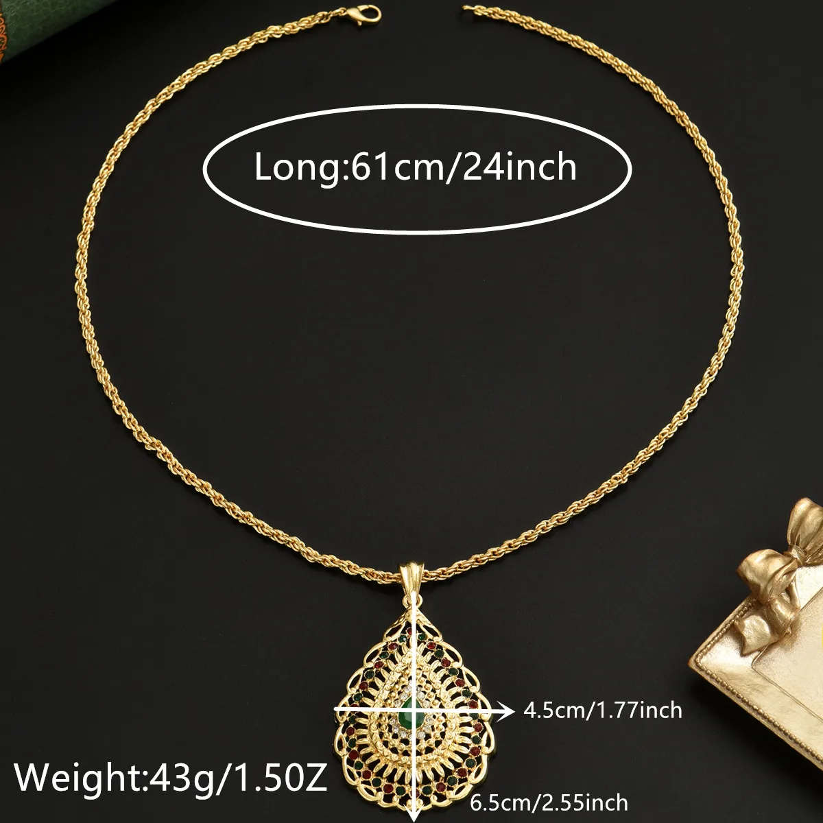 Metal color: BROWN - Shiny, Luxurious And Unique Metallic Multi-Colored Hollow Drop-Shaped Pendant Necklace With A Fine Chain And Adjustable Design.