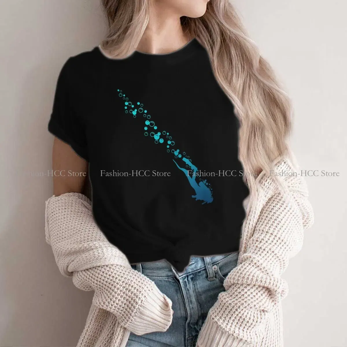 Color: black, Size: S - Blue Diver Hipster Polyester TShirts Dive Scuba Diving Female Harajuku Streetwear T Shirt O Neck