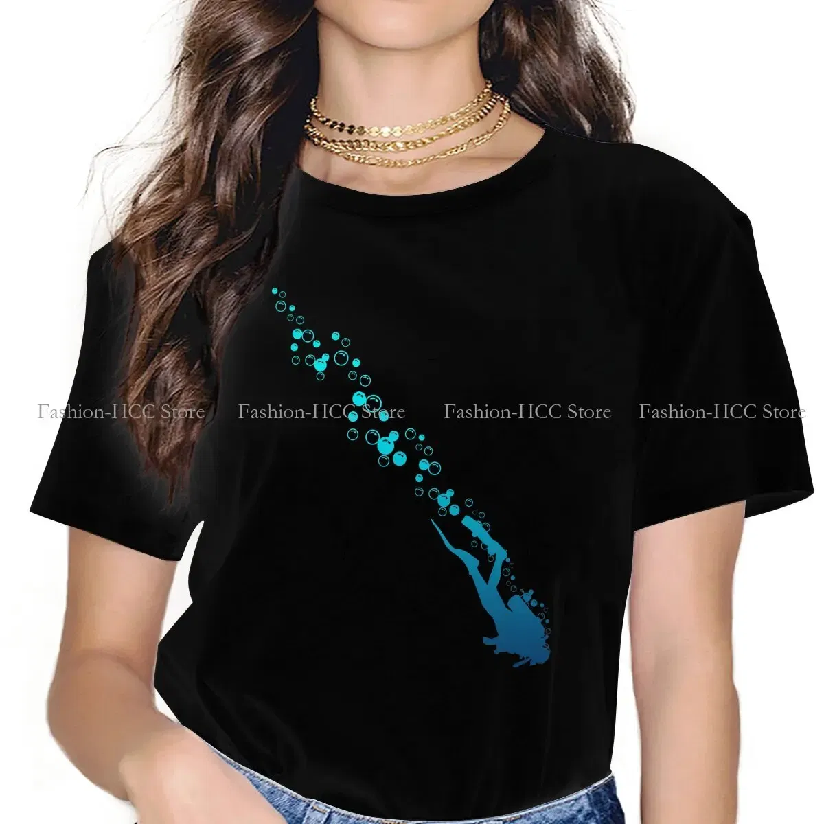 Color: black, Size: S - Blue Diver Hipster Polyester TShirts Dive Scuba Diving Female Harajuku Streetwear T Shirt O Neck