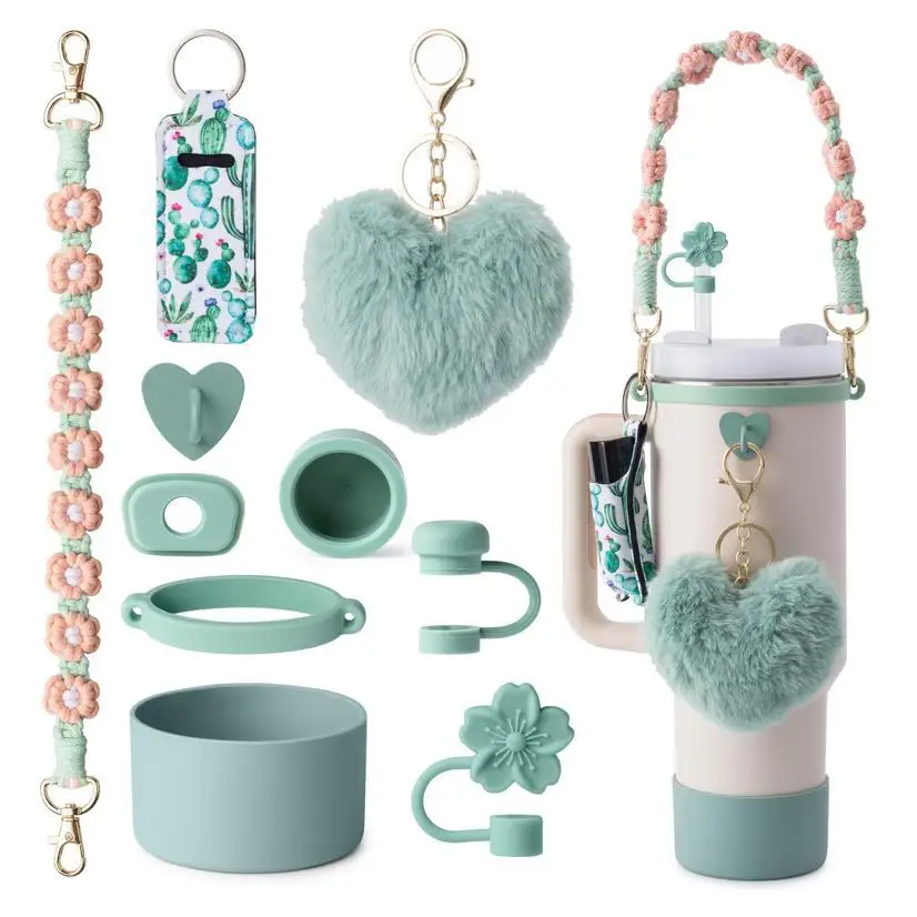 Color: army green, Ships From: CHINA - ins antislip straw cap case Charm chain pendant lot Accessories Initial Keychain Handle for Stanley cup bottle Tumbler for Women