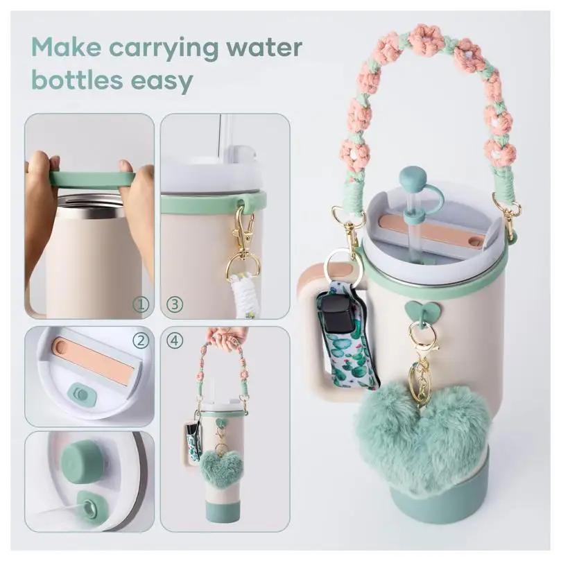 Color: army green, Ships From: CHINA - ins antislip straw cap case Charm chain pendant lot Accessories Initial Keychain Handle for Stanley cup bottle Tumbler for Women