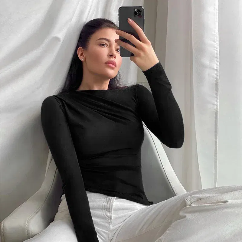 Color: black, Size: S - Long Sleeve Top White T-Shirts Women Basic Crop Top Autumn Pollover Solid Skew Neck T Shirt Streetwear Basic Black Y2K Tees