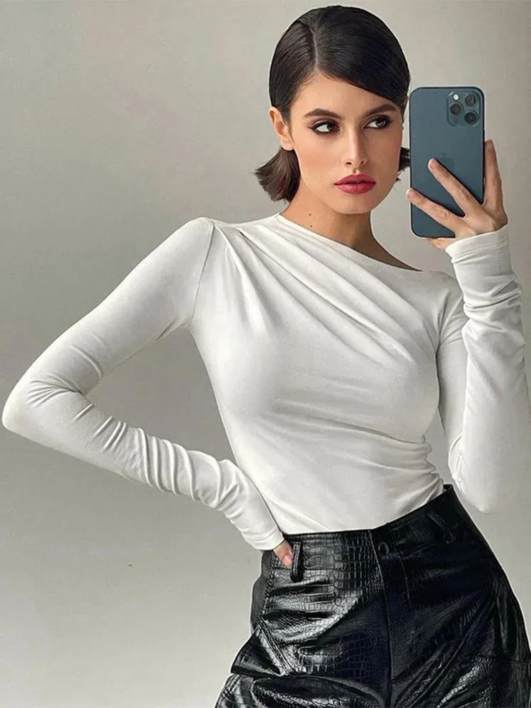 Color: black, Size: S - Long Sleeve Top White T-Shirts Women Basic Crop Top Autumn Pollover Solid Skew Neck T Shirt Streetwear Basic Black Y2K Tees