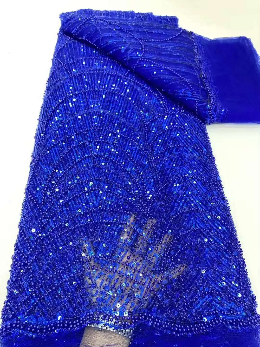 Color: Gold, Width: 120cm, Length: 5 yards - Luxury Sky Blue French Tulle Lace Fabric with Sequins Beads for Bridal Dress Nigerian Groom High Quality African Wedding Gown Ma