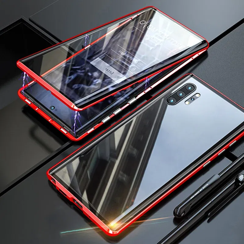 Color: Red, Material: aluminum - Full Wrap Metal Bezel Case For Samsung Galaxy S23 S22 Ultra S21 S20 FE S24 Note 10 20 Lite Plus Double-Sided Glass Back Cover