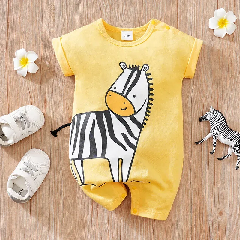 Kid Size: 6M - Summer Boys' Cute Cartoon Zebra All Cotton Comfortable Casual Round Neck Short Sleeve Baby Bodysuit