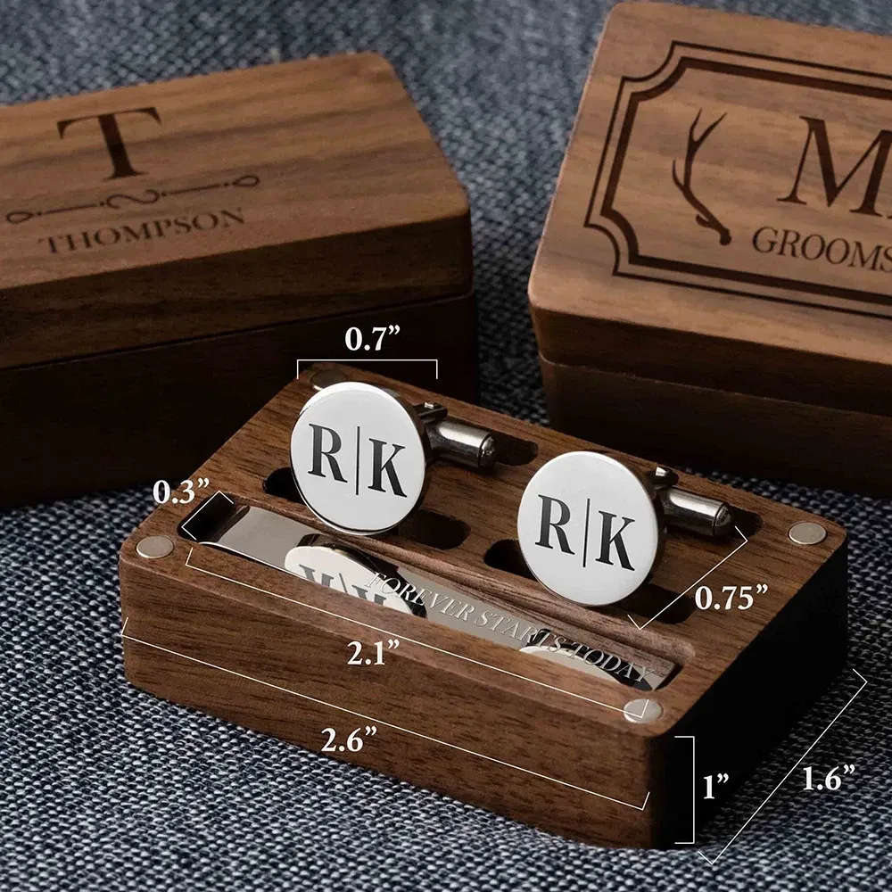 Color: Light Grey, Size: XXL - Custom Metal Cufflinks Tie Clip & Rectangle Gift Box Engraved Gift for Dad and Groomsmen Personalized Best Man Cufflinks Set