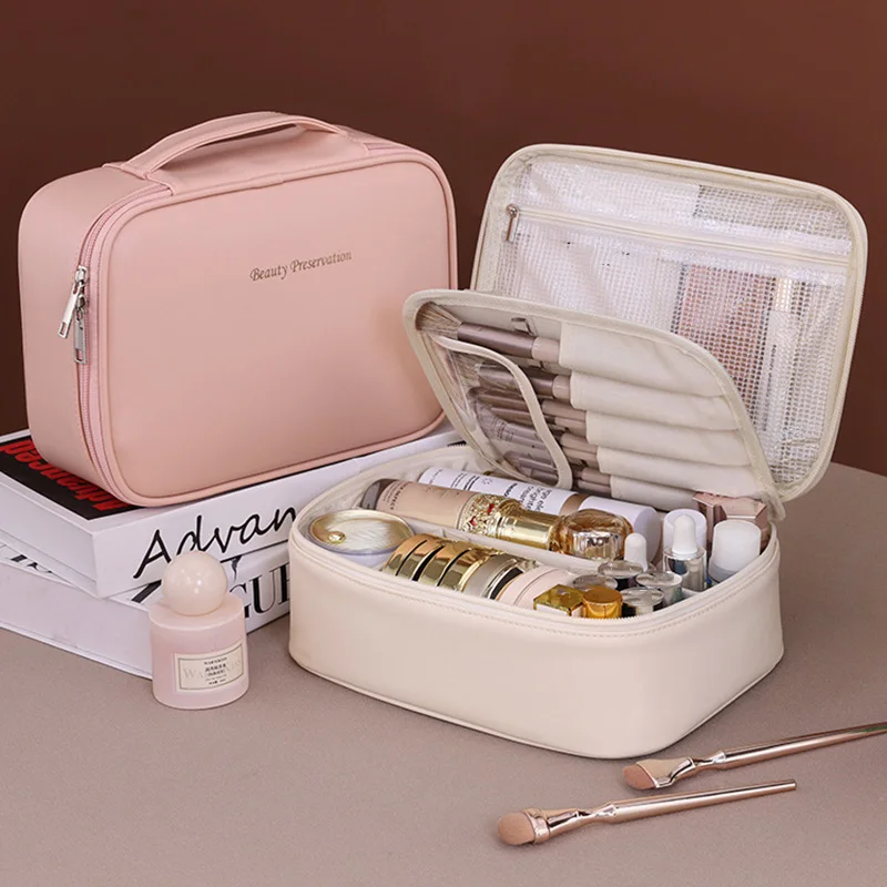 Color: WHITE - PU Large Capacity Tote Makeup Bag Portable Travel Organizer Tolietry Cosmetic Storage Bag Luxury Women Double Layer Pouch