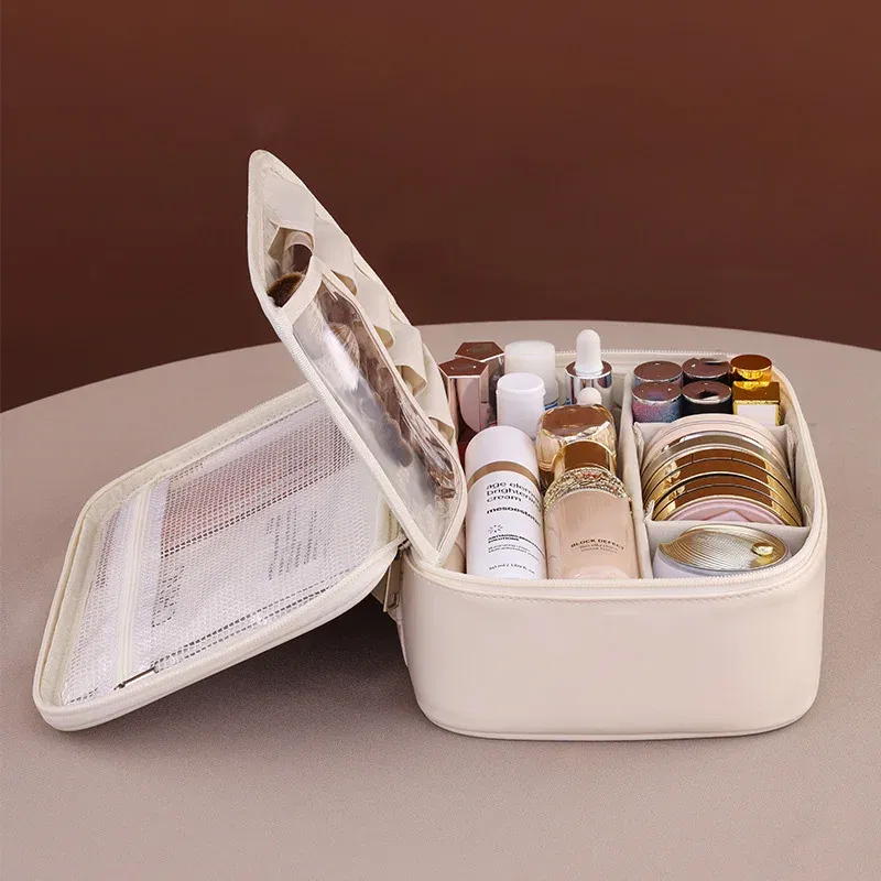Color: WHITE - PU Large Capacity Tote Makeup Bag Portable Travel Organizer Tolietry Cosmetic Storage Bag Luxury Women Double Layer Pouch
