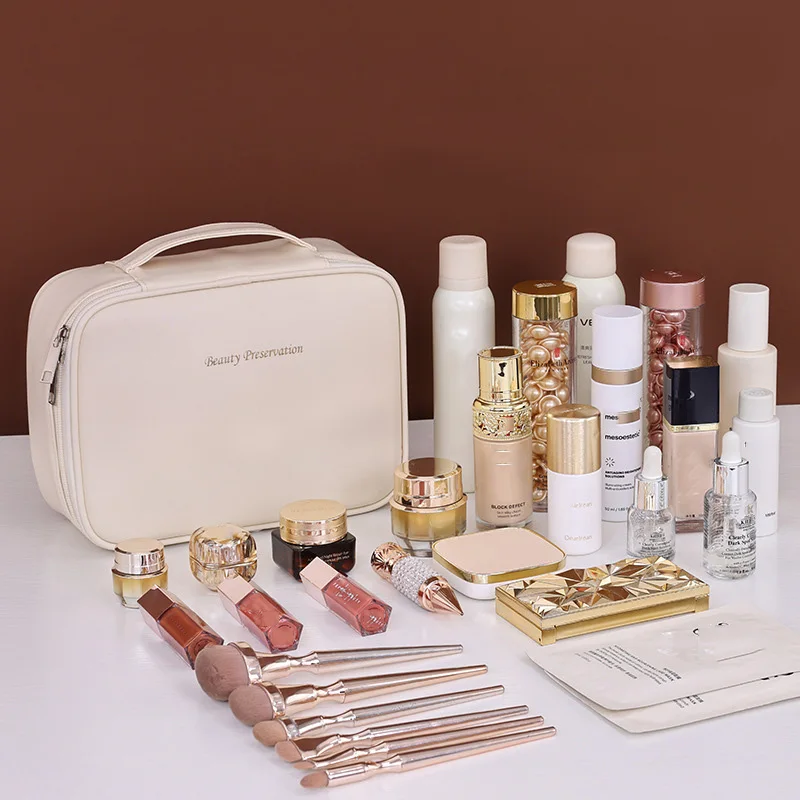 Color: WHITE - PU Large Capacity Tote Makeup Bag Portable Travel Organizer Tolietry Cosmetic Storage Bag Luxury Women Double Layer Pouch