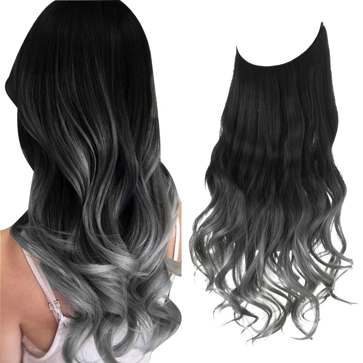 Color: 4/27HL, Stretched Length: 14inches - Synthetic No Clip Wave Hair Extensions Ombre Natural Black Blonde Pink One Piece False Hairpiece Fish Line Fake Hair Piece