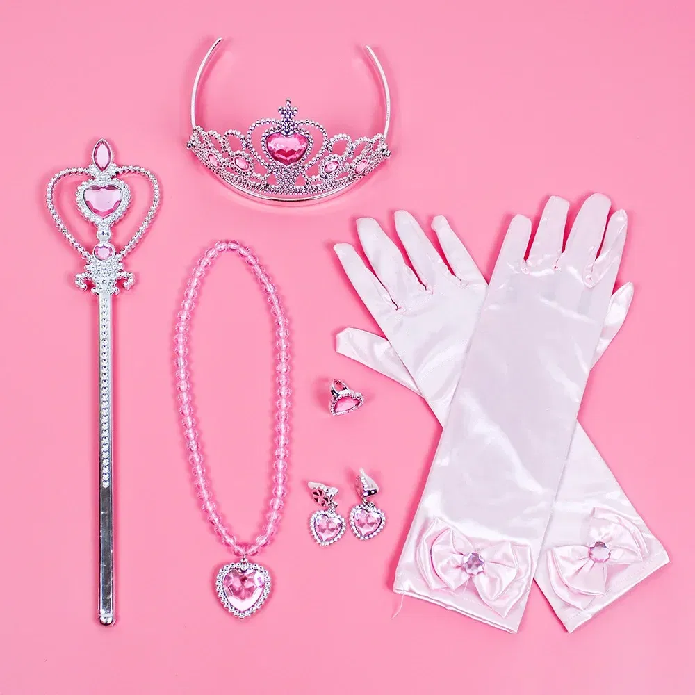 Color: Pink - Pincess Anna Elsa Cosply Accessories Crown Magic Wand Necklace Wig Gloves Frozen Snow White Belle Cinderella Princess Role Play