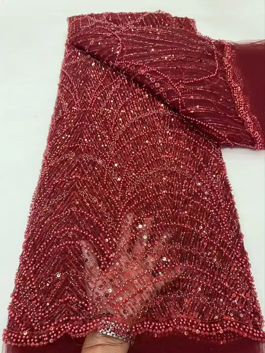 Color: pink, Width: 120cm, Length: 5 yards - Luxury Sky Blue French Tulle Lace Fabric with Sequins Beads for Bridal Dress Nigerian Groom High Quality African Wedding Gown Ma