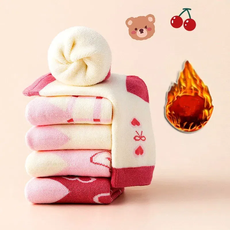 Color: SKY BLUE, Size: 4-6T - Girls Winter Socks 5 Pairs Baby Cute Color Princess Pink Thick Cotton Socks Children Warm Winter Socks
